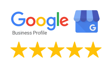 Logo for Google Business Profile featuring the text 'Google Business Profile' alongside a blue storefront icon with the letter 'G'. Below, there are five yellow stars in a row, indicating a five-star rating for East-West Electric, your top commercial electrician near me.