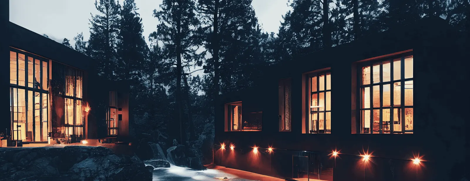 A modern, dark-colored house with large illuminated windows, reminiscent of the meticulous work done by East-West Electric, is nestled among tall trees. The warm interior lights create a cozy atmosphere, contrasting with the surrounding forest's dim, natural light. The house is partially reflected on a nearby body of water.