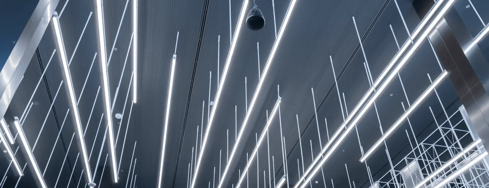 A modern interior ceiling design featuring numerous long, thin LED light fixtures suspended vertically and diagonally creates a geometric pattern. The lights, installed by Tampa Bay electrical contractors like East-West Electric, emit a bright, cool white glow against a dark background, giving a futuristic appearance.