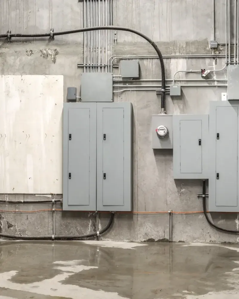Commercial electrical room with water near service equipment requiring professional inspection