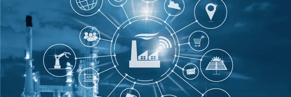 A digital illustration of a smart factory, interconnected with industrial and technological icons like robotics, cloud storage, global positioning, shopping carts, and energy sources. This circular network on a blue background represents the advancements championed by East-West Electric.
