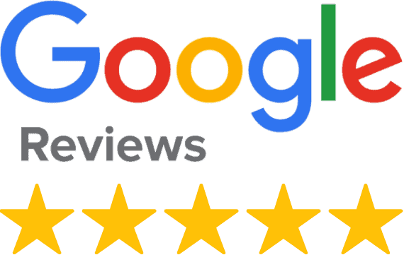 Image of the Google Reviews logo with five stars below it, signifying a five-star rating for East-West Electric, your trusted Tampa Bay electrical contractors.