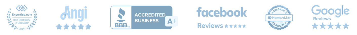 A row of logos indicating positive reviews and ratings: Expertise.com (Best HVAC Service), Angi (5 stars), BBB (A+ Accreditation), Facebook Reviews, HomeAdvisor (5 stars), and Google Reviews (5 stars). Trusted by many, Tampa Bay electrical contractors are rated highly for excellence.