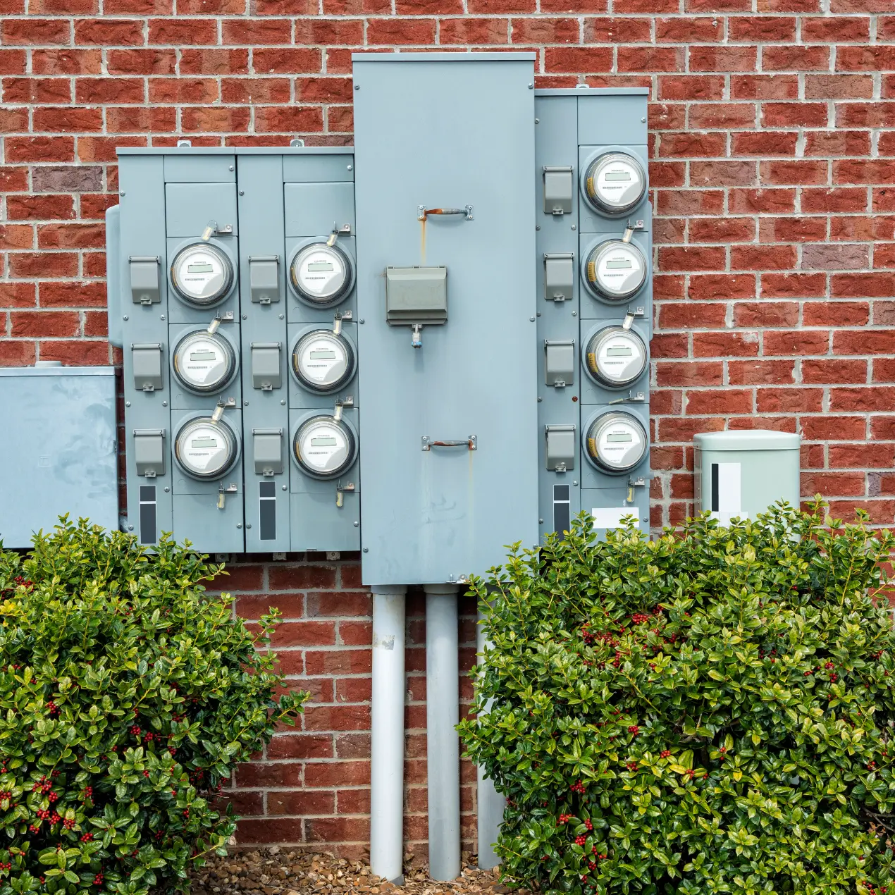 Local Commercial meter box equipment in Florida with multiple electric meters and service cabinets
