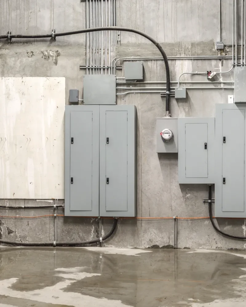 Commercial electrical room with water near service equipment requiring professional inspection